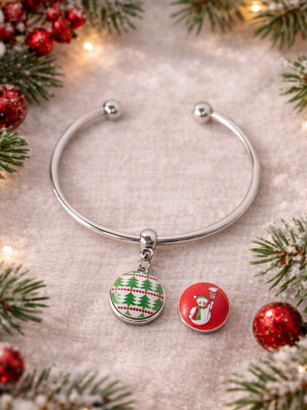 Silver Snap Charm Cuff Bracelet Christmas Tree & Snowman  Interchangeable Snaps